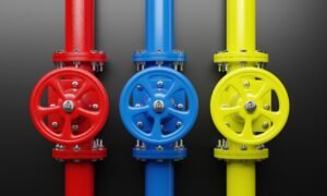Pipe line and valve with wheel on black background. Red, yellow and blue color Industrial pipeline. 3d render